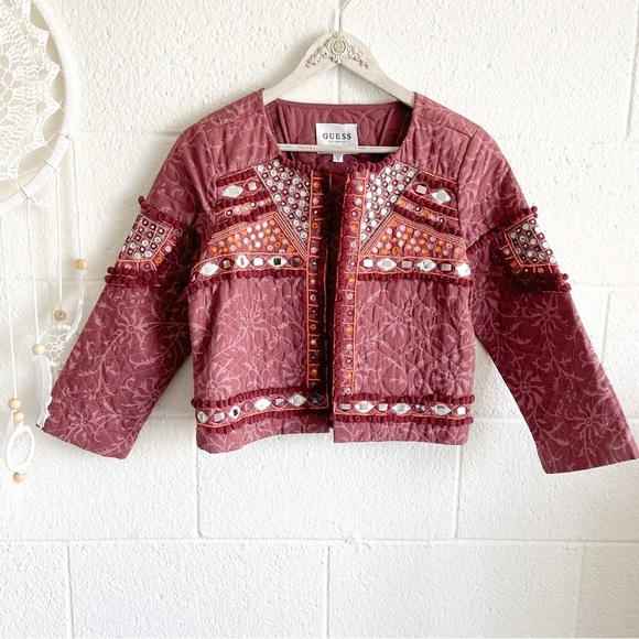 NWOT Boho Mirror Work & Bead Details Wine Blazer - Picture 8 of 16